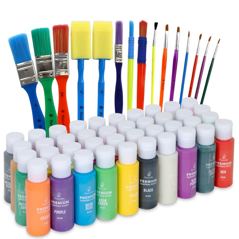 Positive Art Kids Tempera Paint Set | Value Pack Includes 40 Washable Non-Toxic Colorful Paints (2oz bottles) & 15 Brushes | Metallic, Neon, Glow In The Dark, Glitter Paints | Paint For Arts & Crafts, Fun Projects - Image 1